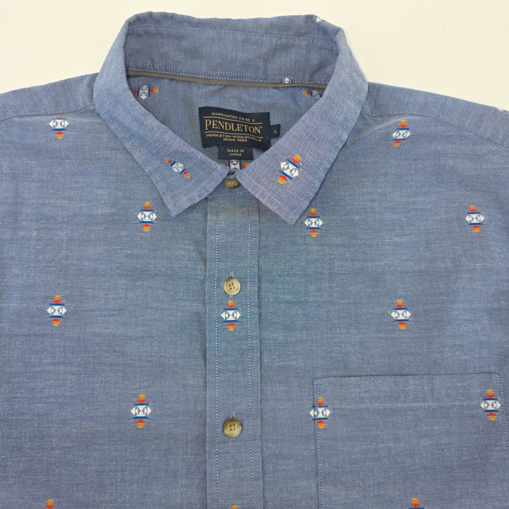 Pendleton Mens Blue Chambray Short Sleeve Embroidered Aztec Button Up Shirt L